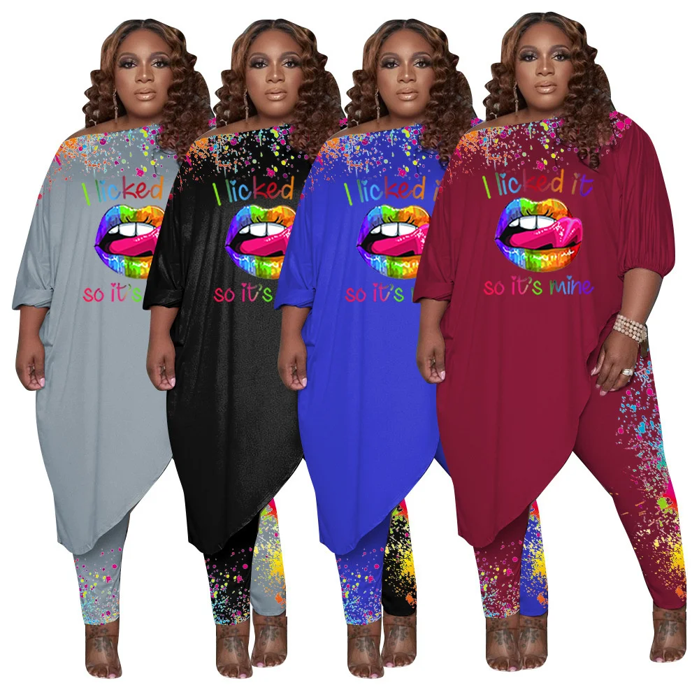 Plus Size Sets 2 Piece Outfits Women Fall Clothes Wholesale o Neck Loose Lip Top Long Style Leggings Trac 3xl 4xl 5xl 6xl