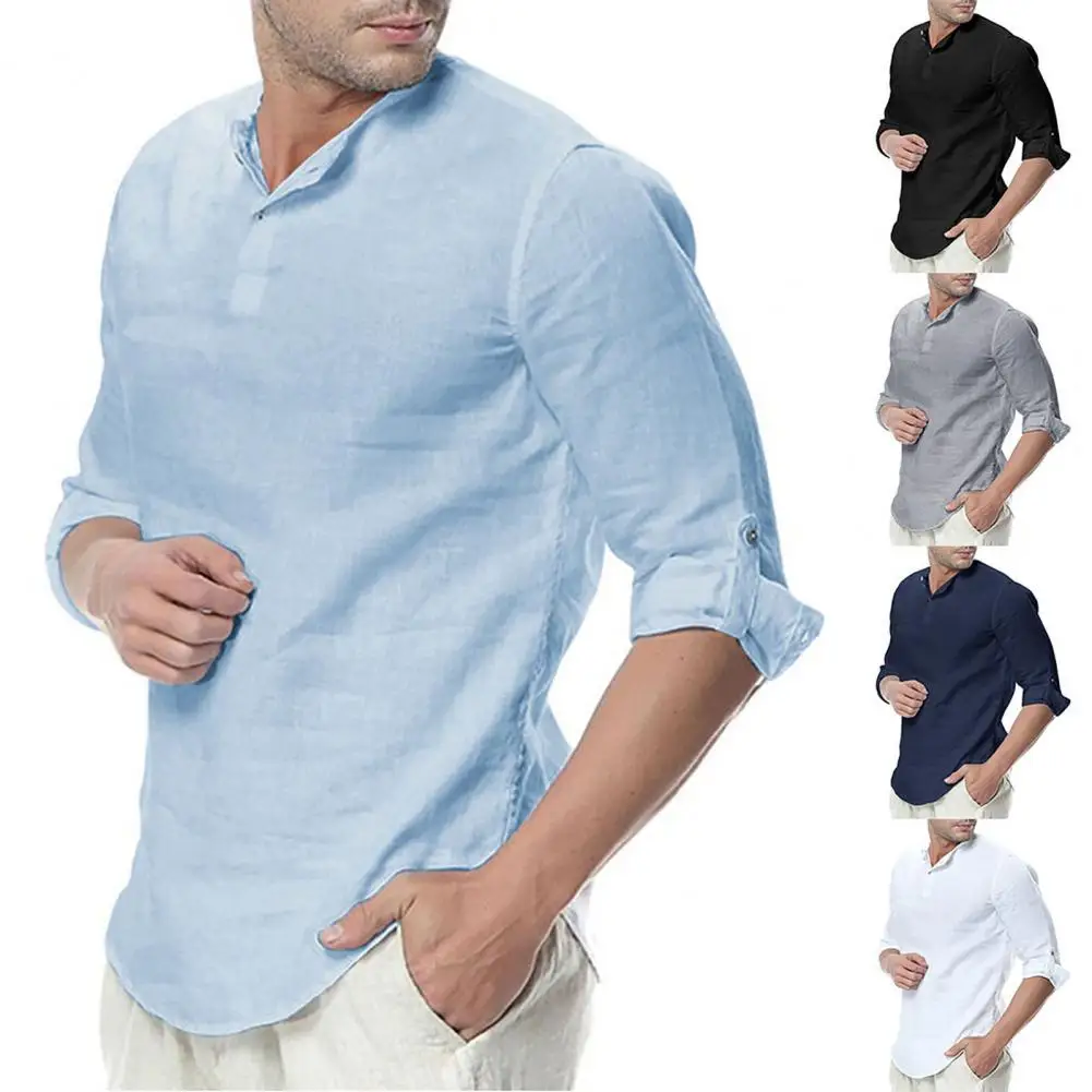 

Men Shirt Solid Color Long Sleeve Shirt All Match Stand Collar Loose Top Men's Clothing For Party