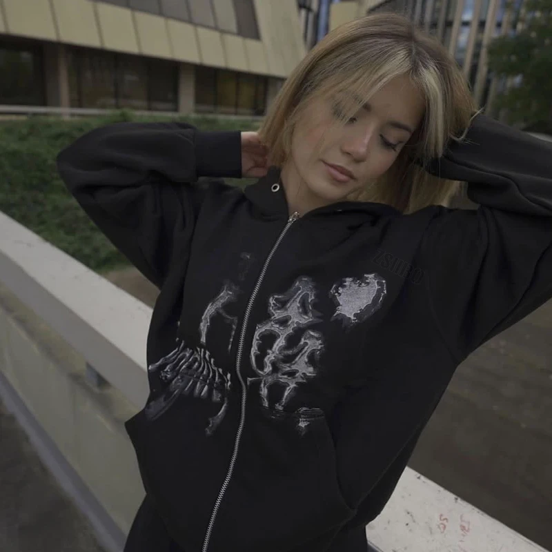 

Американская уличная черная толстовка на молнии Y2k, Свитшот в готическом стиле, спортивное пальто, пуловер, Готическая Толстовка с длинным р...