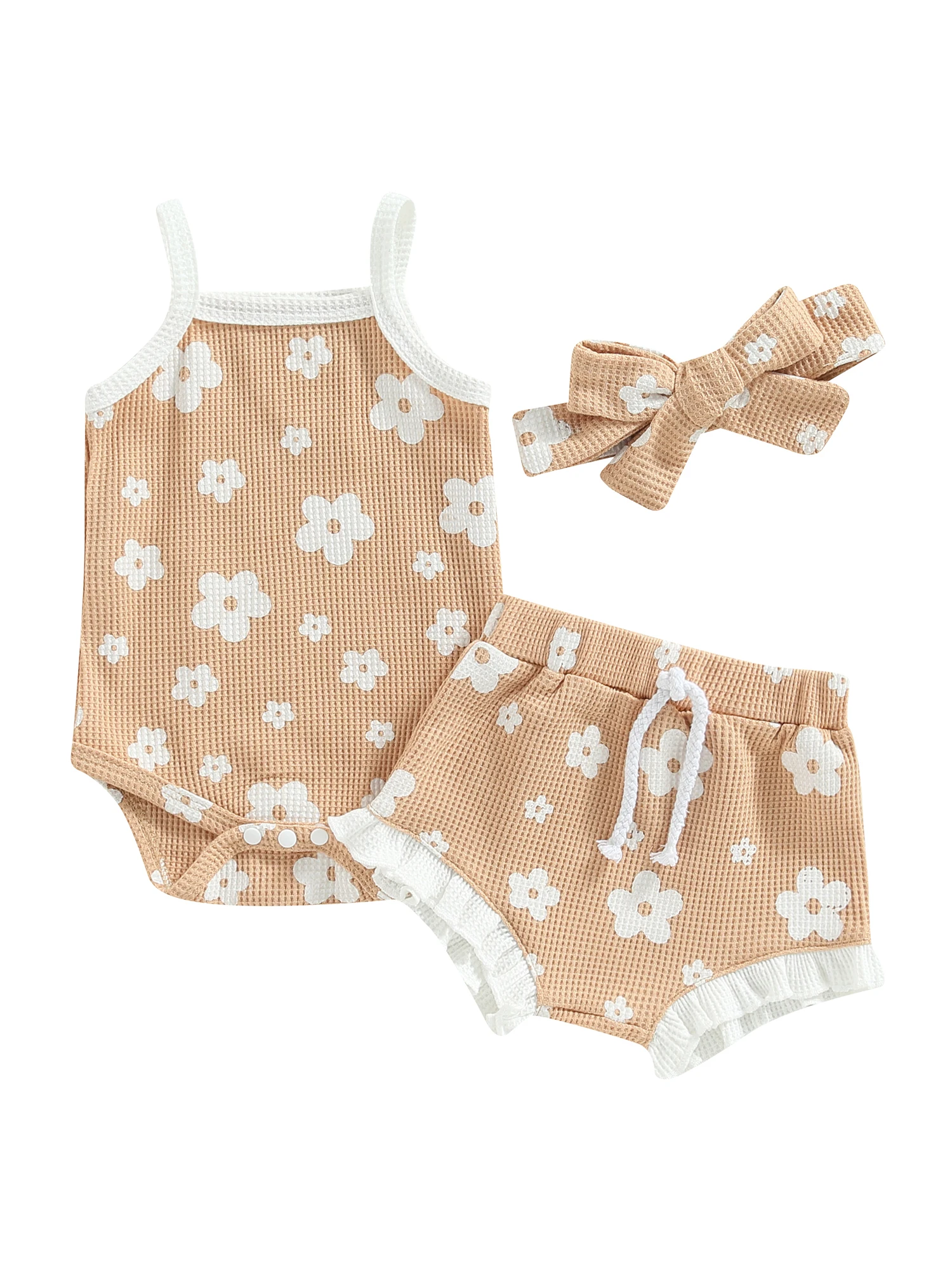 Newborn Baby Girl Outfits Flower Print Knit Sleeveless Halter Romper Ruffle Bloomer Shorts Headband Cute Summer Clothes 3pcs