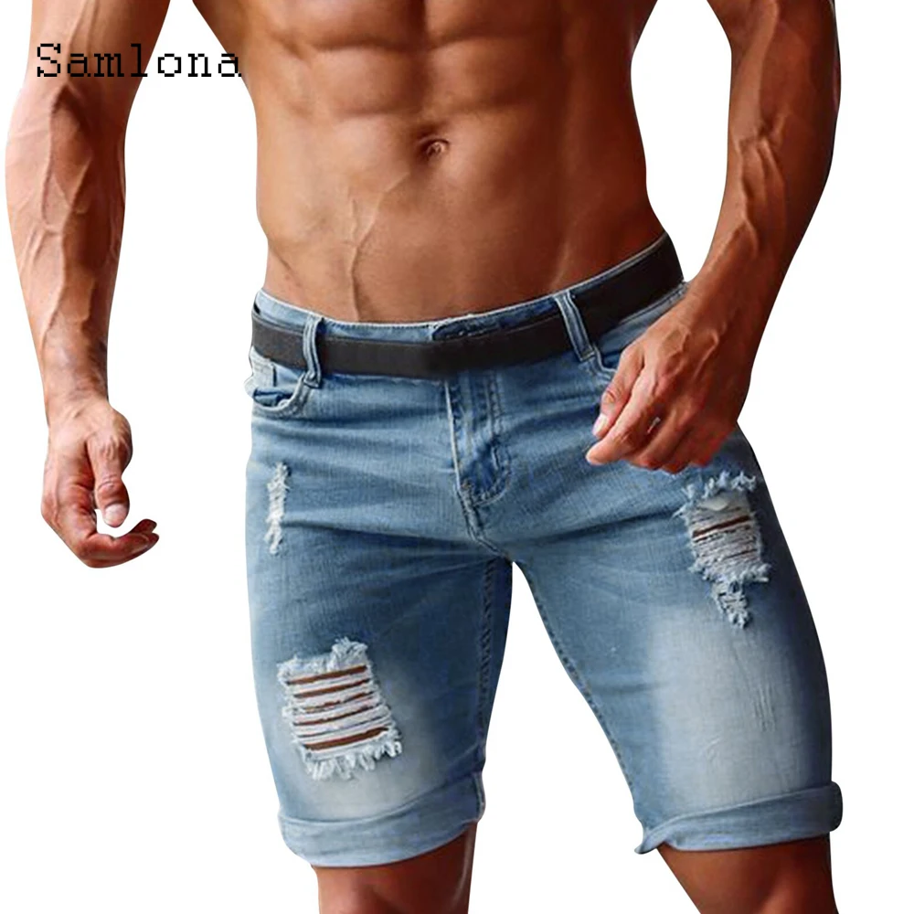 Men's Stand Pockets Demin Shorts Fashion Loose Denim Bottom Vintage Hole Ripped Short Jeans 2022 European Style Cargo Half Pants