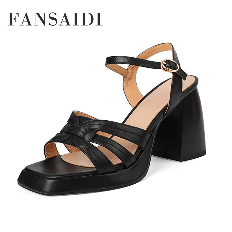 

FANSAIDI Fashion Women's Summer Square Toe Block Heels Sandals Genuine Leather 9CM Chunky Heels Buckle Narrow Band Platform 40