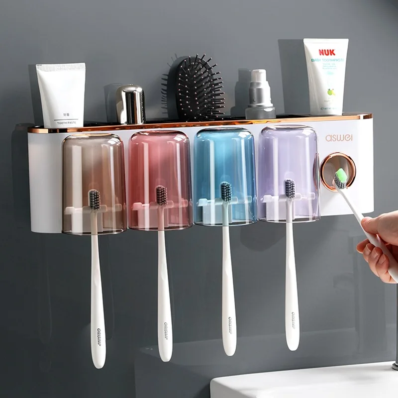 

Toothbrush Holder Wall Mounted Toothpaste Dispenser Makeup Storage Organizer Household Mouthwash Cup Rack Bathroom Accessories