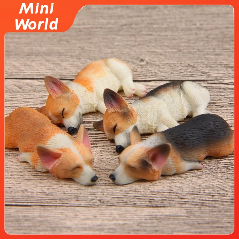 

1Pcs Corgi Miniatures Fridge Magnet Desktop Ornament Sleeping Series Car Decoration Animal Figurines Home Accessories