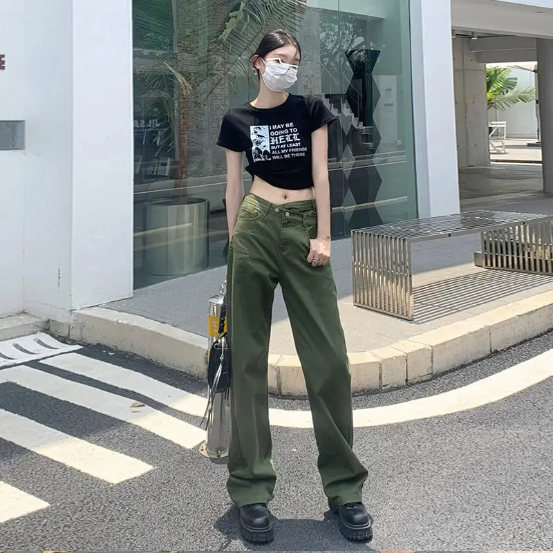

Army Green Wide Leg Jeans Women Loose Straight Summer Thin Section High Waist Slim Design High Street Casual Pants Trend