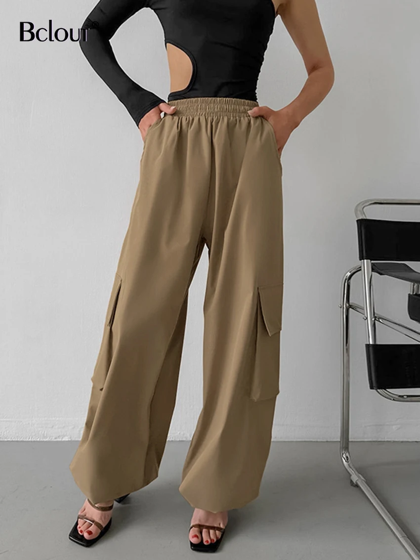 

Модные брюки-карго цвета хаки Bclout, женские осенние офисные длинные брюки с высокой талией, элегантные свободные брюки с карманами для женщин, 2023