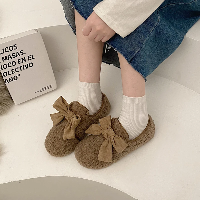 

Туфли женские зимние с круглым носком, элегантные лоферы, меховые повседневные кроссовки, удобная обувь с бантом и закрытым носком, мокасины