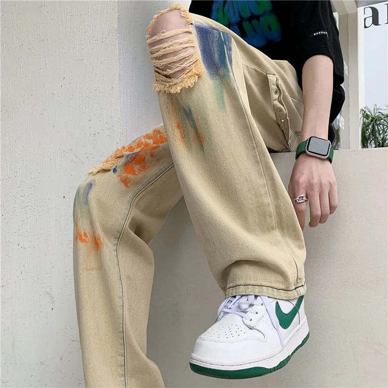 Khaki Ripped Jeans Men Fashion Casual Baggy Wide Leg Jeans Mens Streetwear Loose Hip Hop Hole Straight Denim Pants Men Trousers