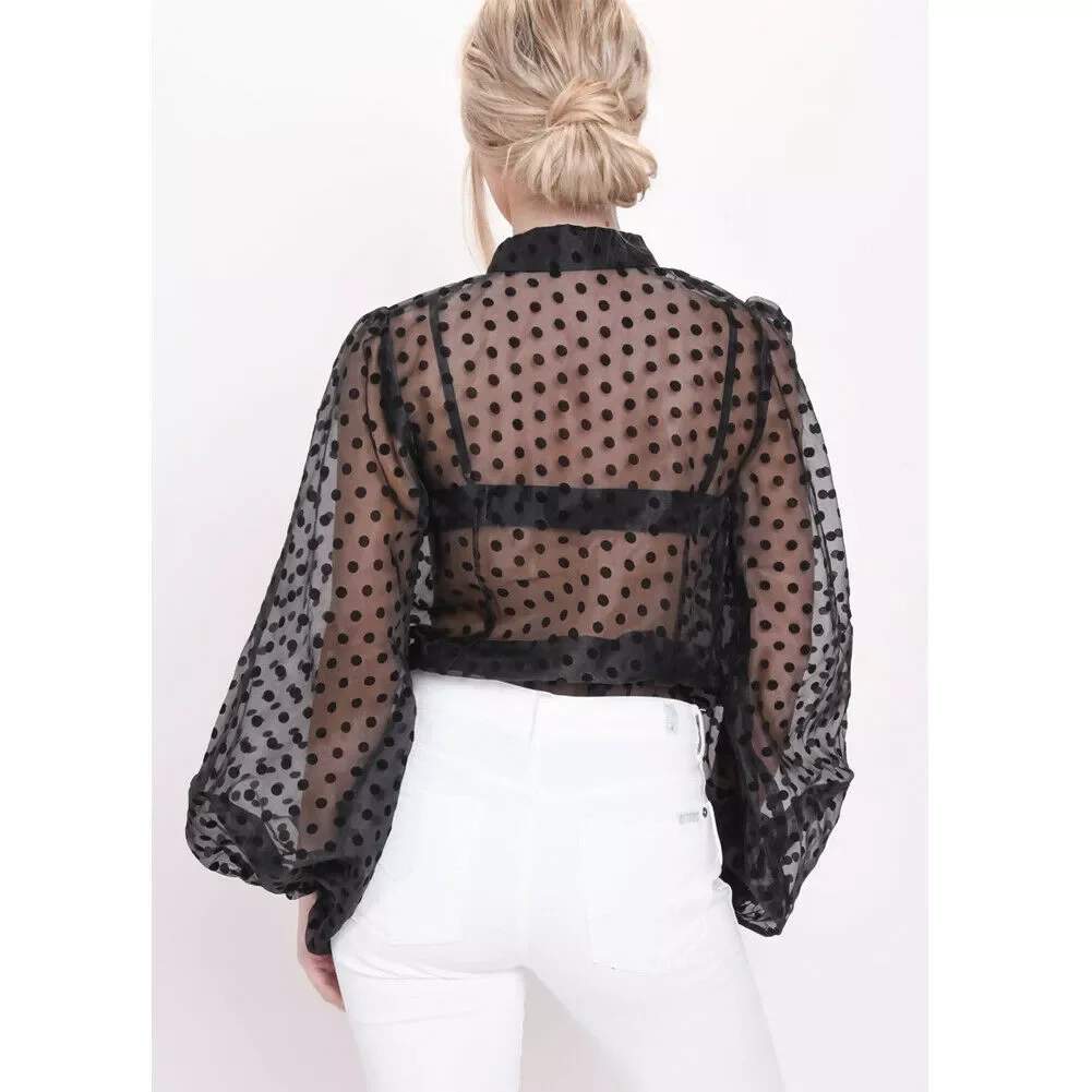 

Women Polka Dot Retro Blouse Lady Early Autumn Modern Mesh Shirt See-through Loose Button Puff Sleeve Blouse High Street Topshi