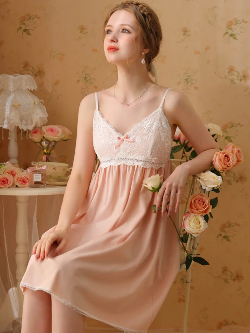 Women Night Dress Cotton Spaghetti Strap Sexy Sleepwear Vintage Princess Nightgowns Victorian Sweet Lace Fairy Pajamas with Pads