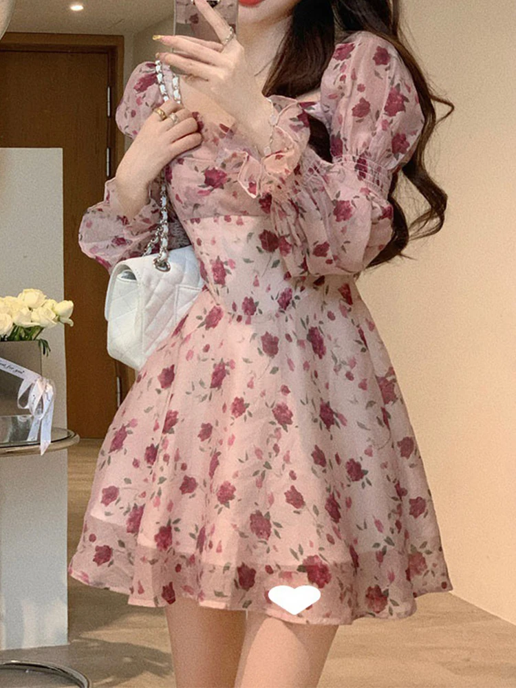 

2023 Spring Summer Sweet Elegant Short Party Dress Korean Fashion Floral Mini Dress Beach Long Sleeve Casual Vintage Dresses