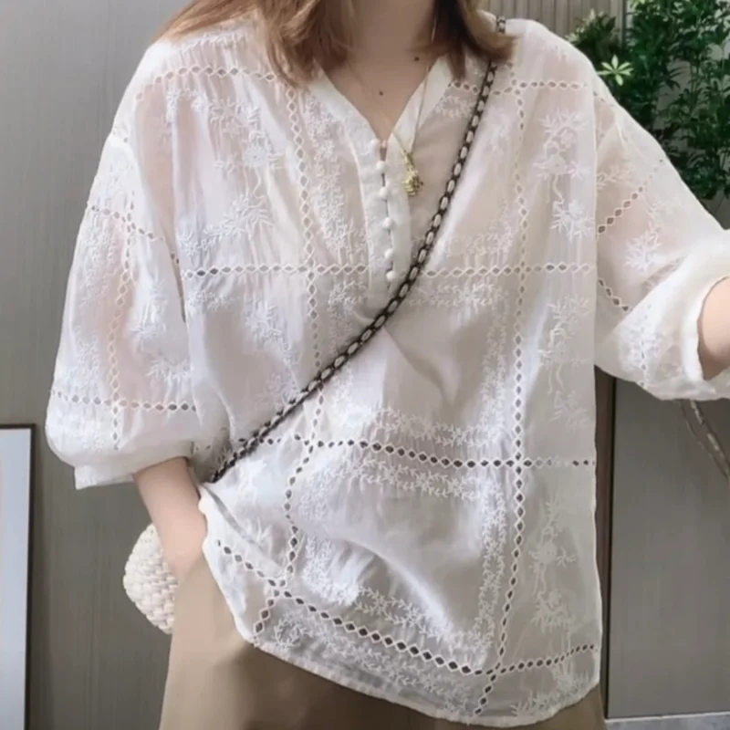 Женская ажурная блузка с вышивкой, элегантная белая кружевная блузка с полурукавами-фонариками, повседневный Свободный Топ на лето, 28032 Женская ажурная блузка с вышивкой, элегантная белая кружевная блузка с полурукавами-фонариками, повседневный Свободный Топ на лето, 28032