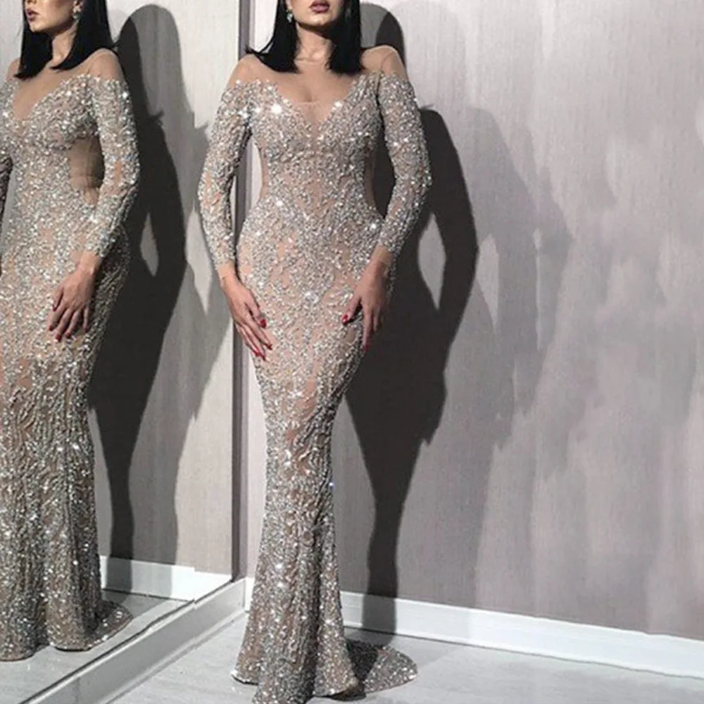 

Latest Design Solid Color Long Sleeve Shining Sequin Mesh Dress Full Length V Neck Off Shoulder Maxi Dress Fishtail Evening