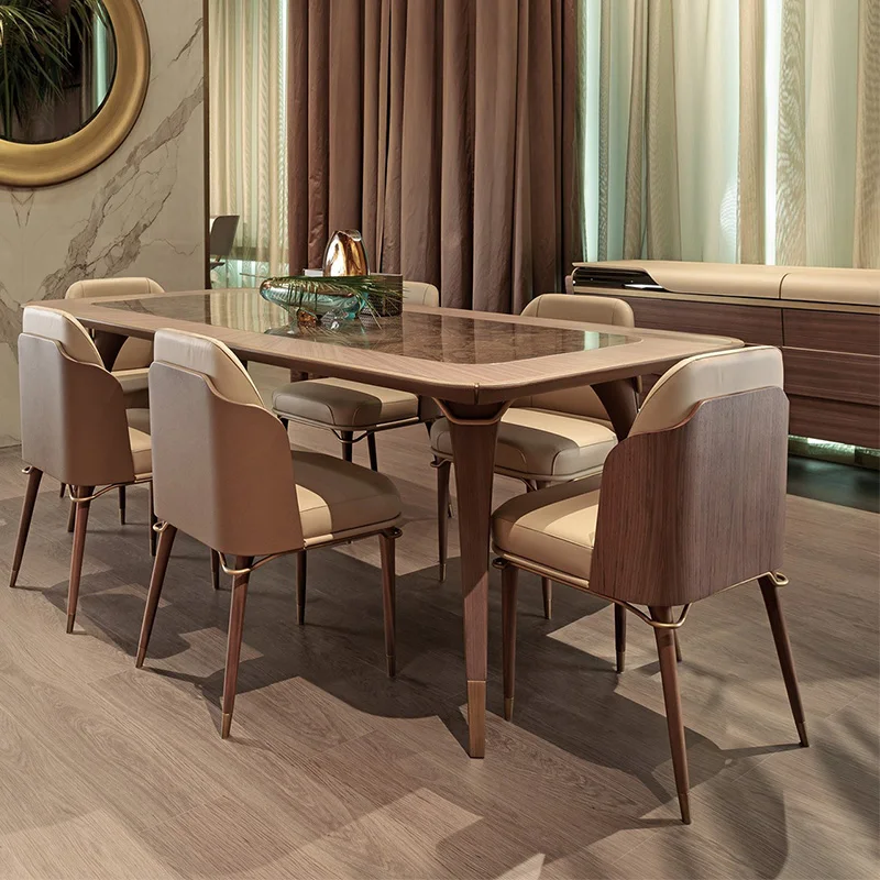 

Luxury high-end design imported Italian furniture, metal head layer cowhide soft bag smoked oak dining chair