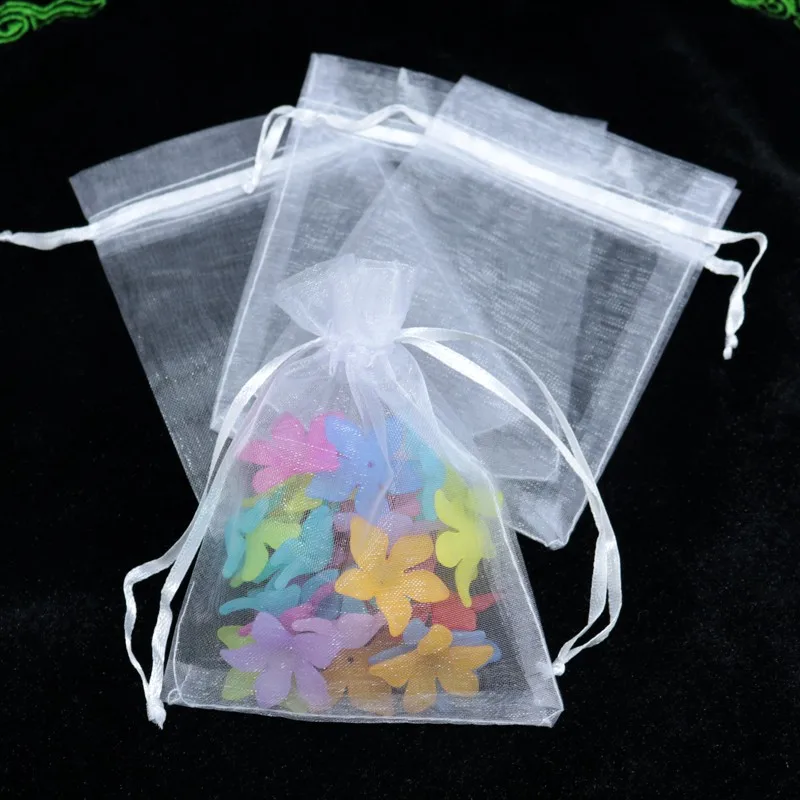 

100 pcs/batch White Drawstring Organza Bag Wedding Candy Jewelry Packaging Display Beautiful Gift Bag 5x7cm 7x9cm