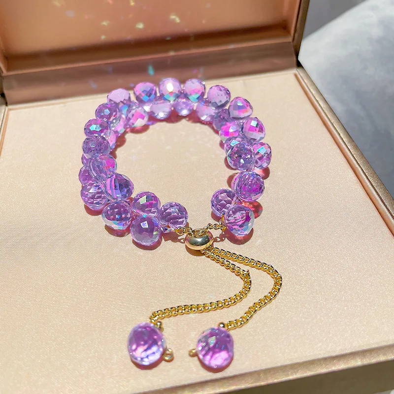 

Minar Sweet Romantic Multicolour Crystal Beaded Bracelets for Women Purple Pink Transparent Adjusting Circle Bracelets Gifts
