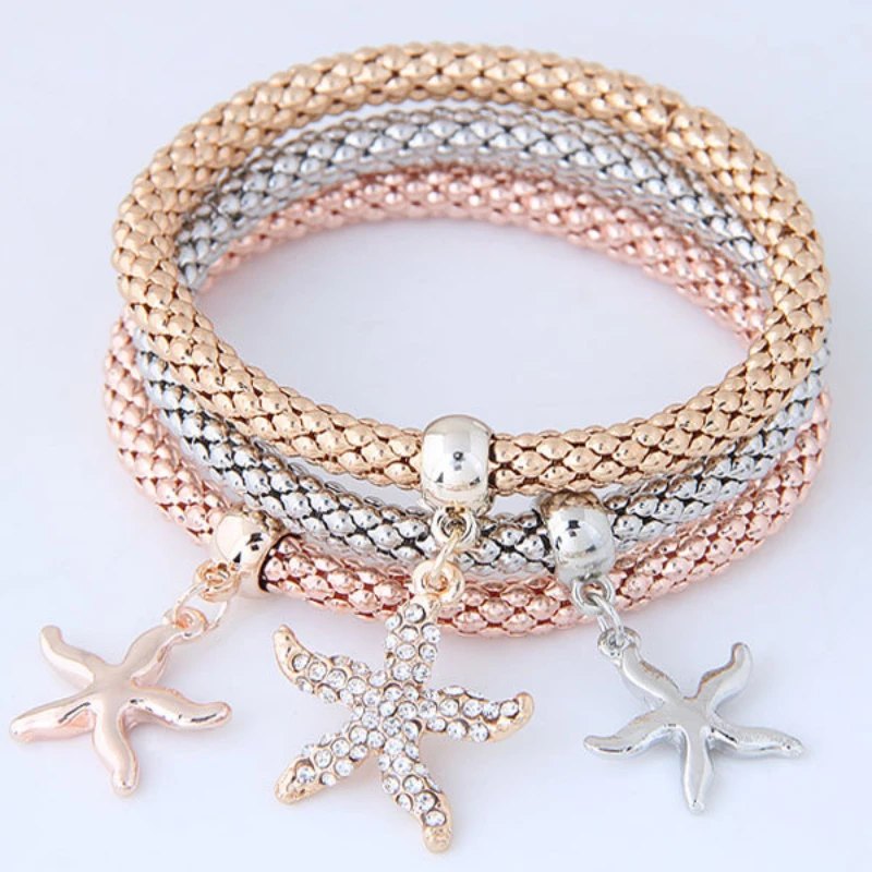 

Fashion Starfish Crown Pendant Ladies Bracelet Multilayer Tricolor Corn Chain Bracelet Jewelry Charm Bracelet Gift