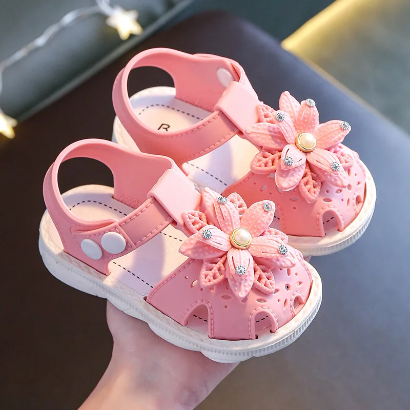 Infant Girls Flowers Sandals 2022 Summer Croc Princess Shoes Kids Sole Anti-slip Baby Clogs Hole Flats Sandal Crib First Walker