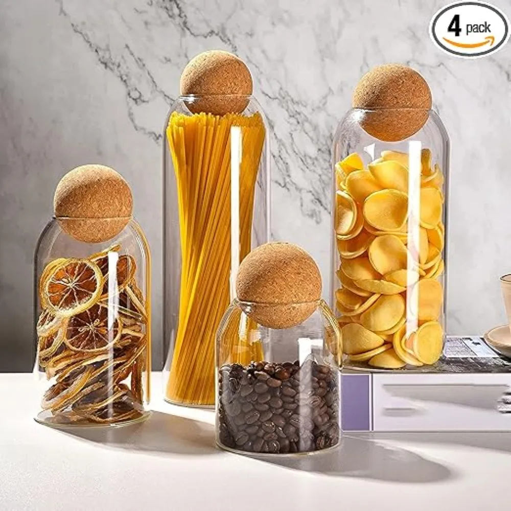 

4 Pack Lead-free glass bottle sealed jar with spherical cork , nut storage coffee bean Mason Jars Food Storage Canister