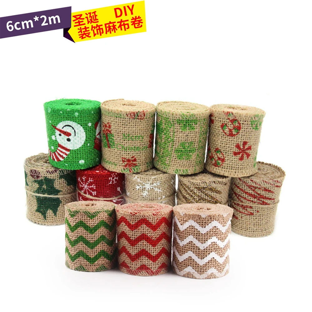 

2M/Roll 6cm Natural Jute Burlap Ribbon Print Hessian Ribbon Trims Tape Merry Christmas Decoration Party Supplies DIY Bows Crafts