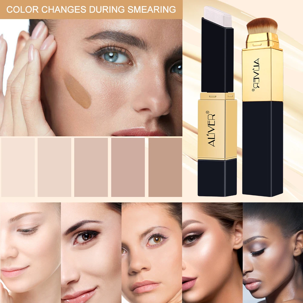 

Facial Brightening Concealer Stick 2-in-1 Double-headed Foundation Cream Stick Makeup Brush Color Change Temperature Concealer