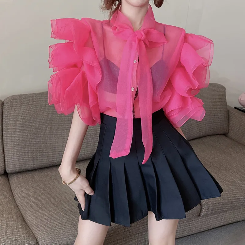 

2022 Summer Women Chic Korean Fashion Ruffles Lace Up Bow Rose Yellow Petal Sleeve Blouses Slim Solid High Street Shirts