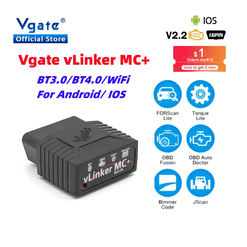 Автомобильный диагностический сканер Vgate vLinker MC + ELM 327 V2.2, Bluetooth, OBD2, Wi-Fi, ELM327 OBD 2 obd2