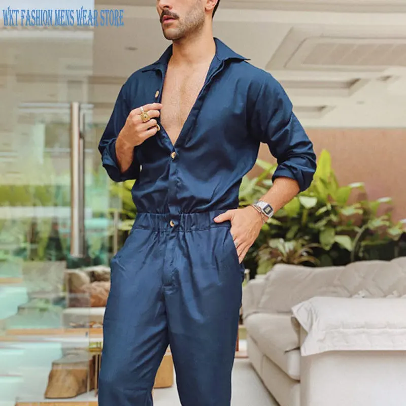 Personalized Men's Clothing Long-Sleeved Single-Breasted Fashion Jumpsuit Polo Collar Solid Color Waist Men casual Sets Button