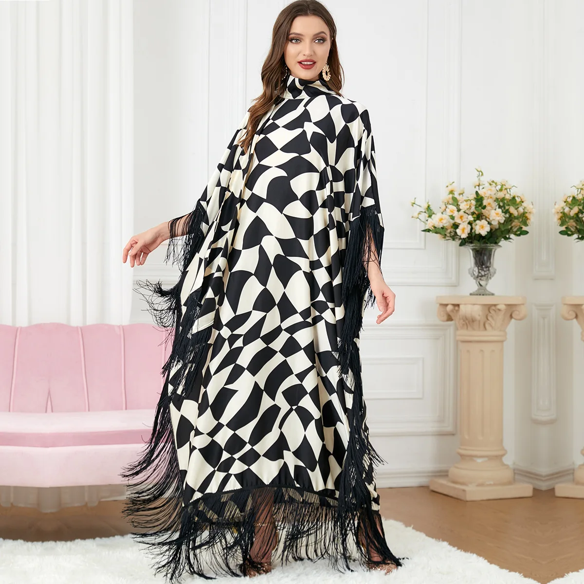 Abaya Muslim Women Fashion Tassel Zebra Print Batwing Sleeve Black Abaya Caftan Marocain Turkey Dress Islam Ramadan