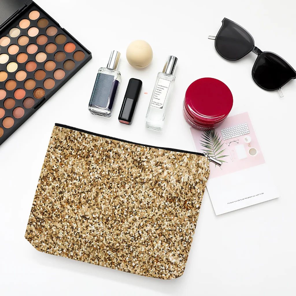 

Gold Sparkles Linen Women Cosmetic Bag Art Makeup Pouch Lady Tote Purse Zipper Clutch Phone Purse