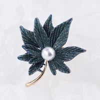 retro double layer maple leaf brooches vintage grey blue simulated pearl plant pin womens garment accessories