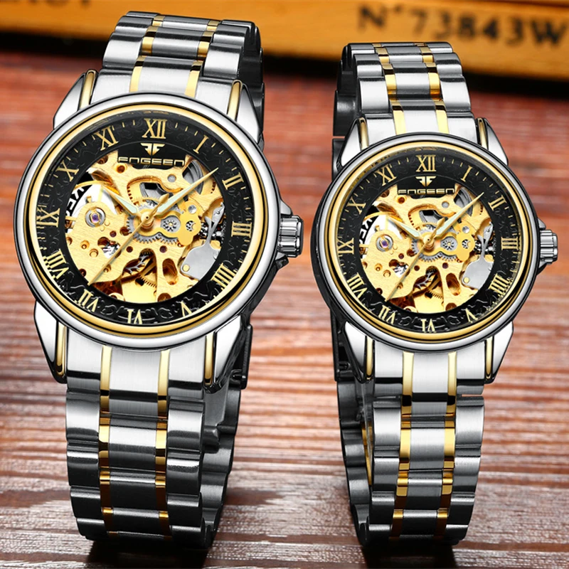 FNGEEN Couple Watches Luxury Automatic Skeleton Mechanical Watch Stainless Steel Waterproof Watches For Women Men Clock