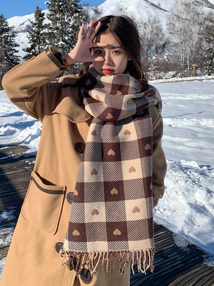 

Cachecol Feminino Inverno Women Winter Scarf Sweet Plaid Tassel Warm Thick Blanket Long Wraps Shawls Girl Scarves Stoles Mujer