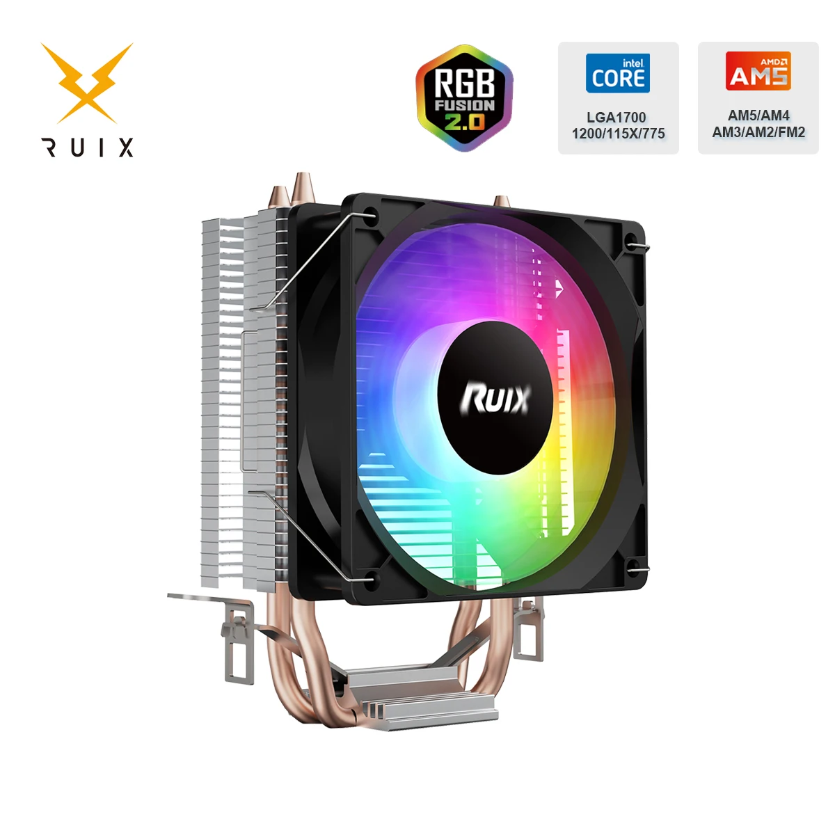 Ruix x2000 ar cpu cooler 2 heatpipes radiador de refrigeração rainbowrgb 3pin ventilador silencioso para intel 115x 1200 1700 am4 am5 amd
