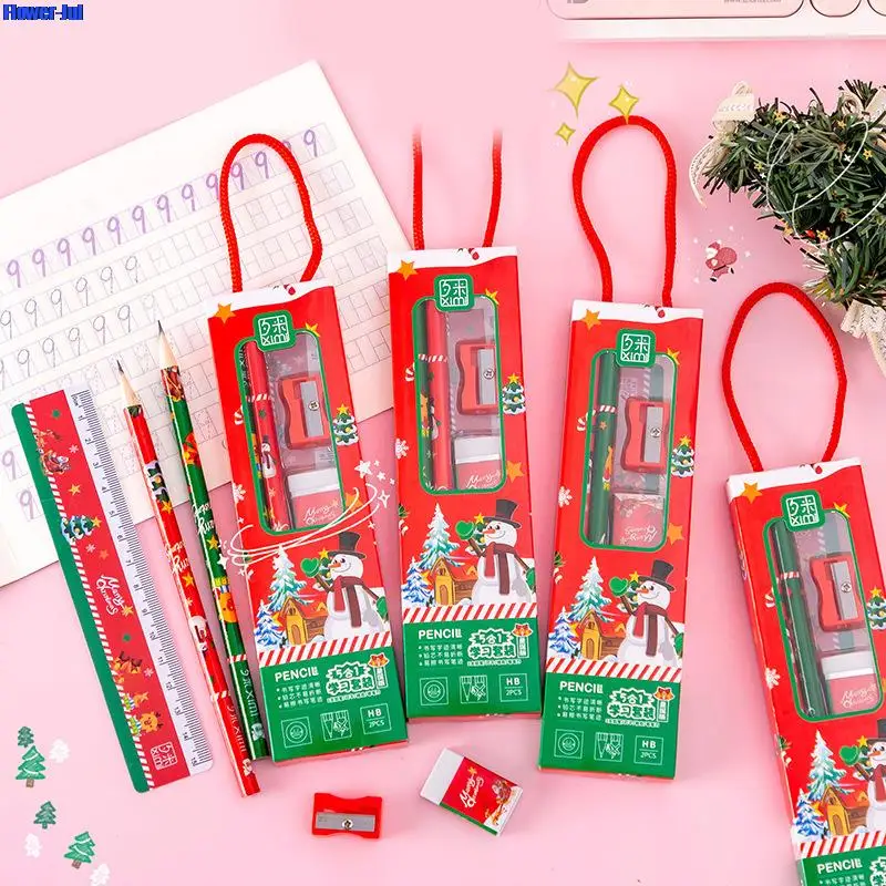 

1Set Cute Christmas Stationery Set Pencil Ruler Earser Sharpener Pencil Case Stationery Set For School Girls Boys Gift