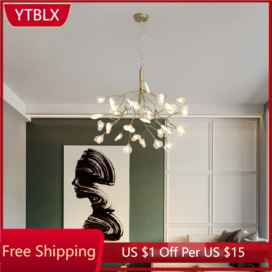 

Nordic Personality Creative Firefly Chandeliers Post-modern Restaurant Living Room Bedroom Study Branch Leaf LED Hanging Lights