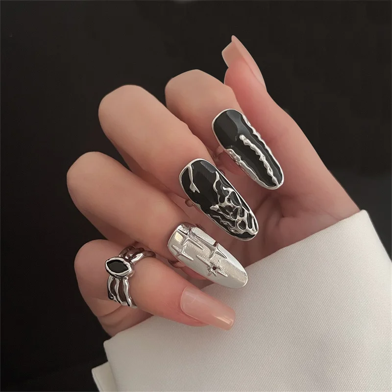4Pcs/Set Punk Dark Drip Oil Polish Finger Rings Set Personality Elegant Fingertip Metal Ring Creative Open Nail Ring Jewelry New