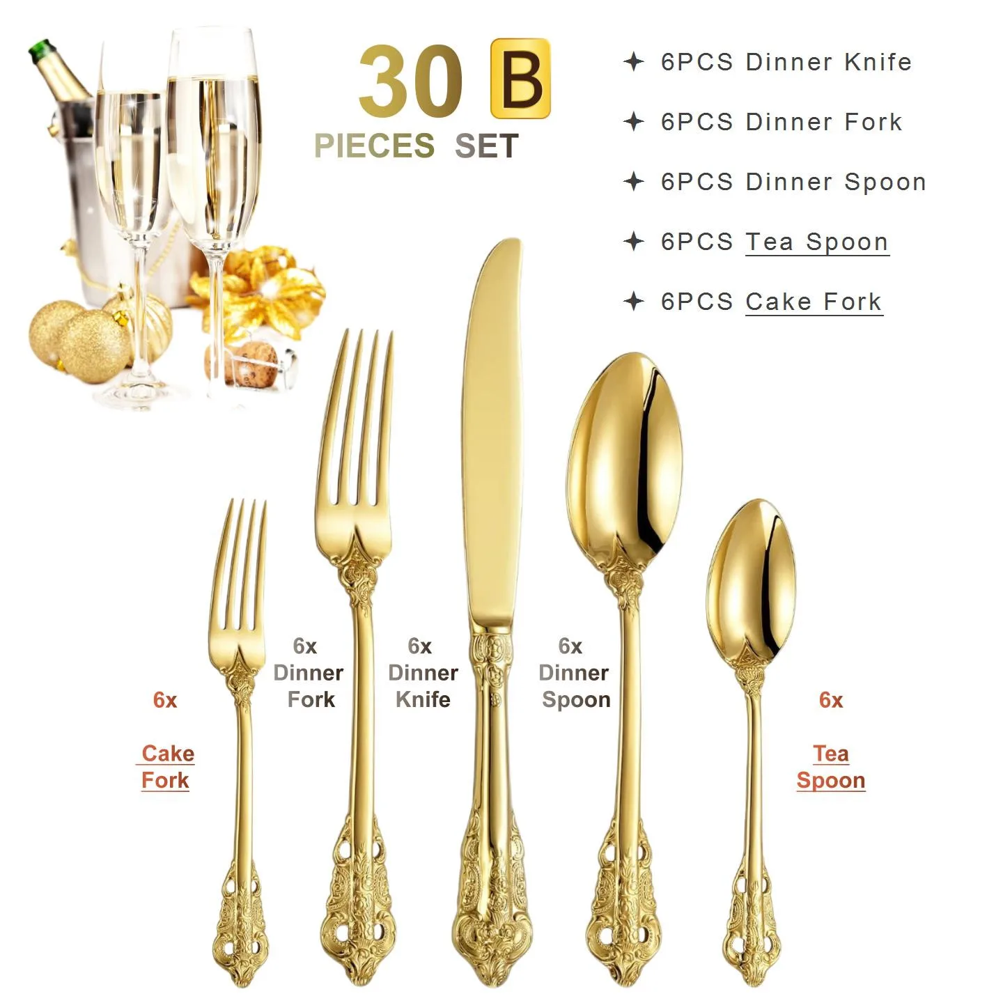 

Винтажный набор столовых приборов из нержавеющей стали с золотым покрытием на 6 персон