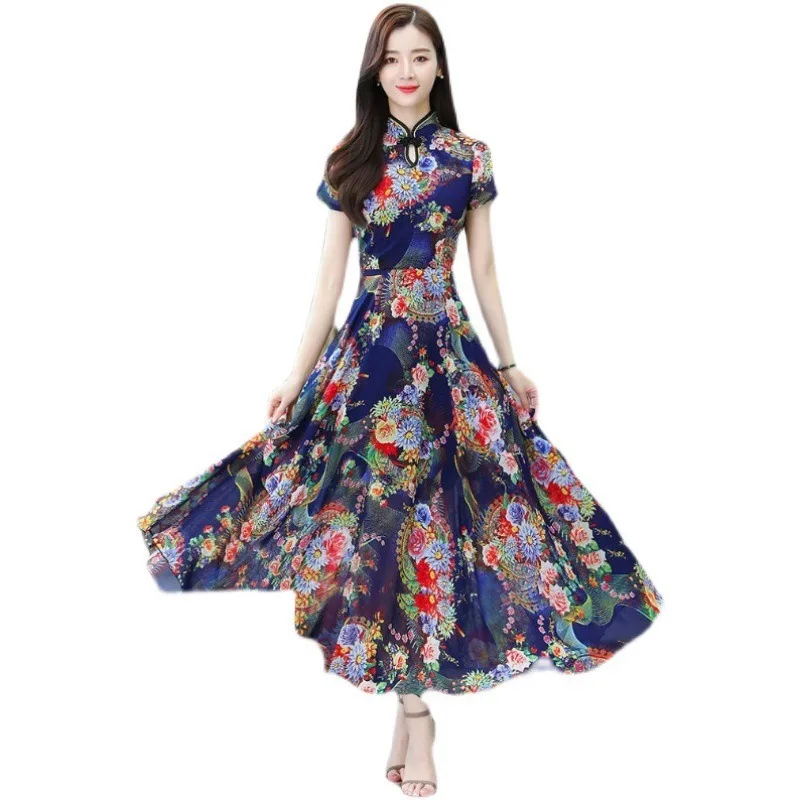 Новое летнее платье Cheongsam на пуговицах свободное средней длины с принтом и