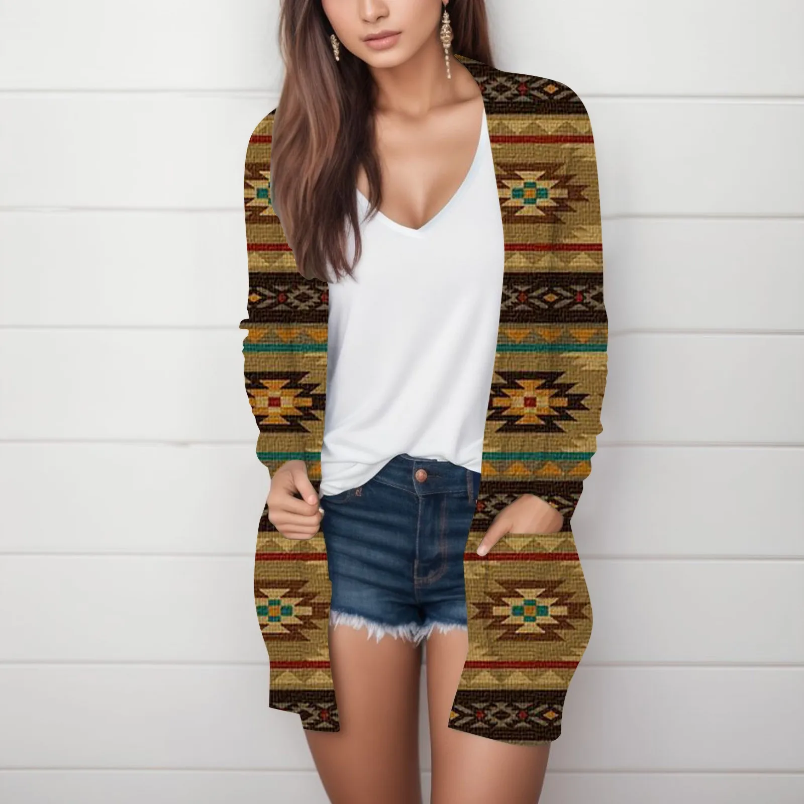 

Women's 2023 Fall Open Front Print Cardigan Ladies Casual Loose Vintage Long Sleeves Cardigans With Pockets Female Clothes