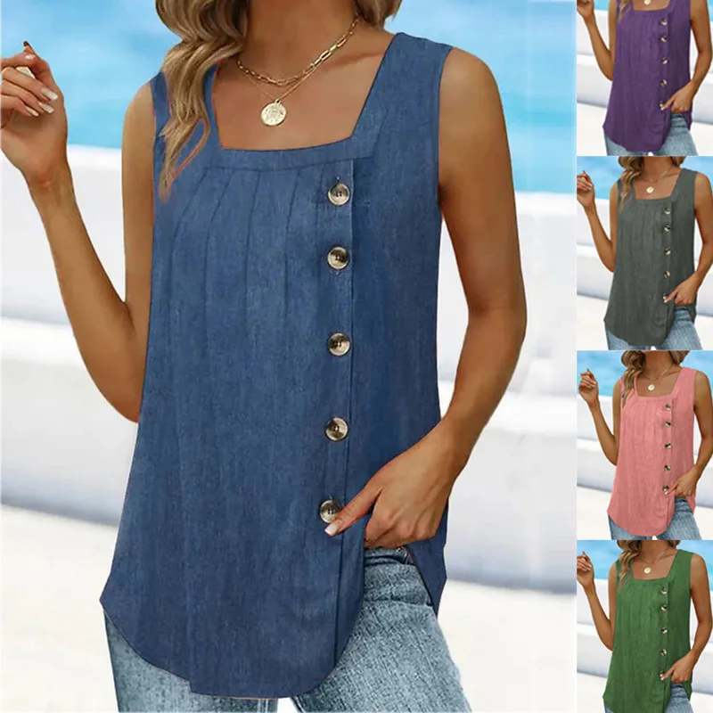

Summer Square Collar Solid Color Sleeveless Vest Women's Buttons Casual Comfortable Pullover Daily Weekend Basic Tank T-shirt