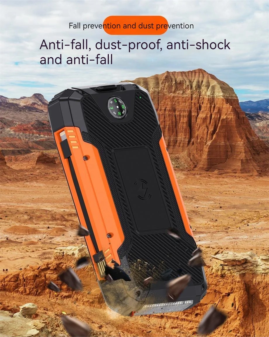 36800mAh Solar Power Bank Quick Charger Outdoor Powerbank External Battery Wireless Charging Backup Led Light Built In Cables