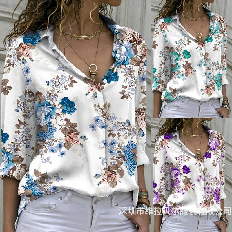 New High Quaility Wpomen Clothes Flower Print Spring and Summer Fashion Printing Women's Long Sleeve Loose Shirt