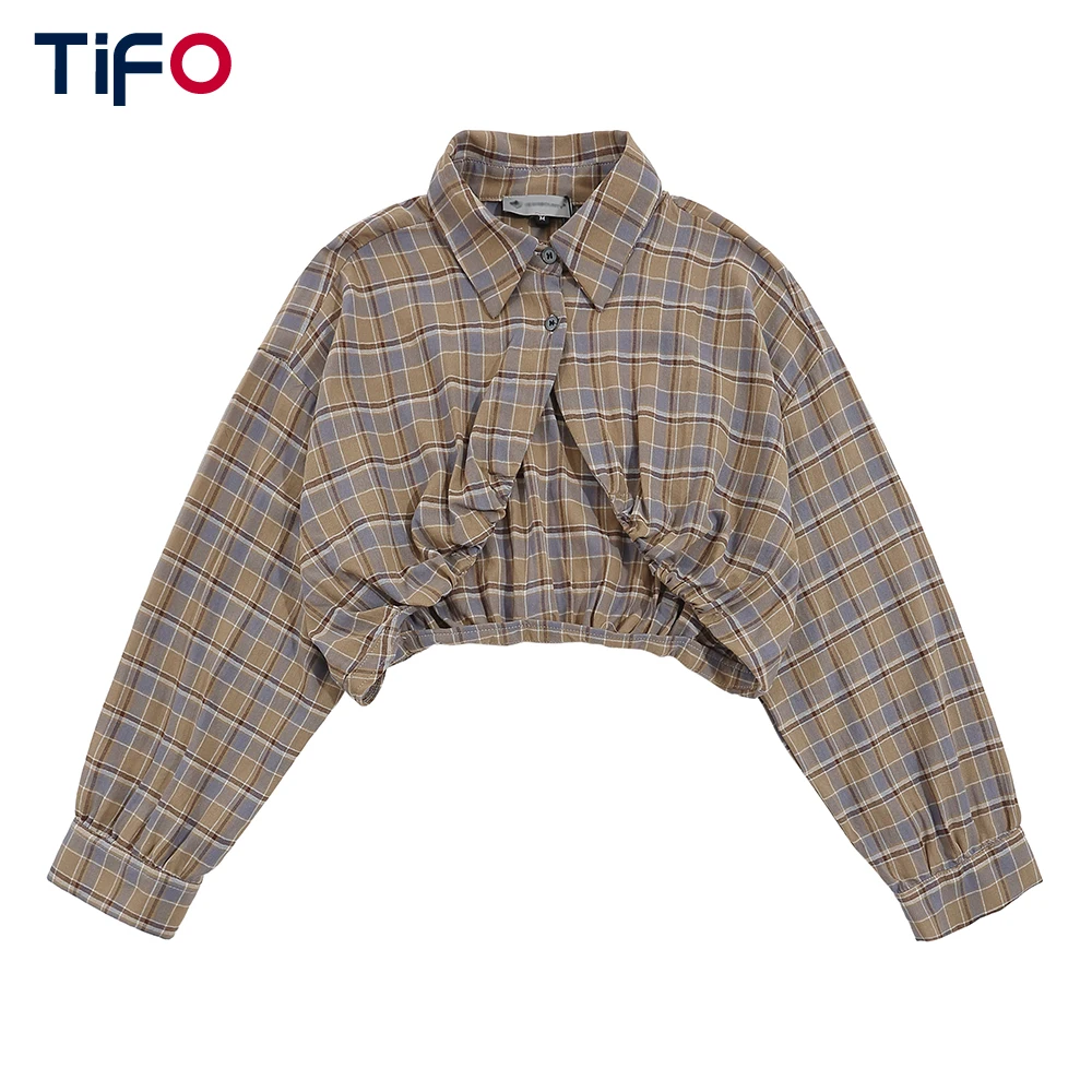 

Autumn Crop Plaid Shirt Women Streetwear Irregular Hem Long Sleeved Lapel Shirts