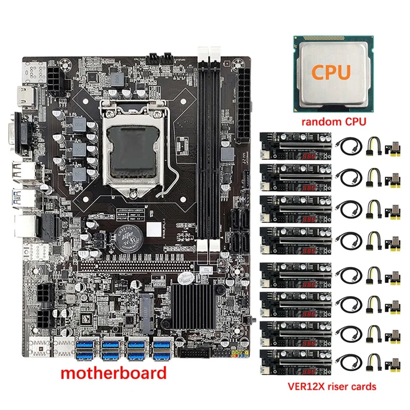 

ETH-B75 Mining Motherboard+CPU+8X VER12X Riser Card 8 USB3.0 To PCIE 1X Slot LGA1155 DDR3 RAM SATA3.0 BTC Motherboard