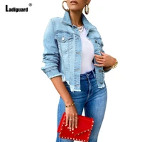 women fashion stand pocket denim jackets 2022 single breasted tops womens sexy ripped street jacket lepal collar jean outerwear