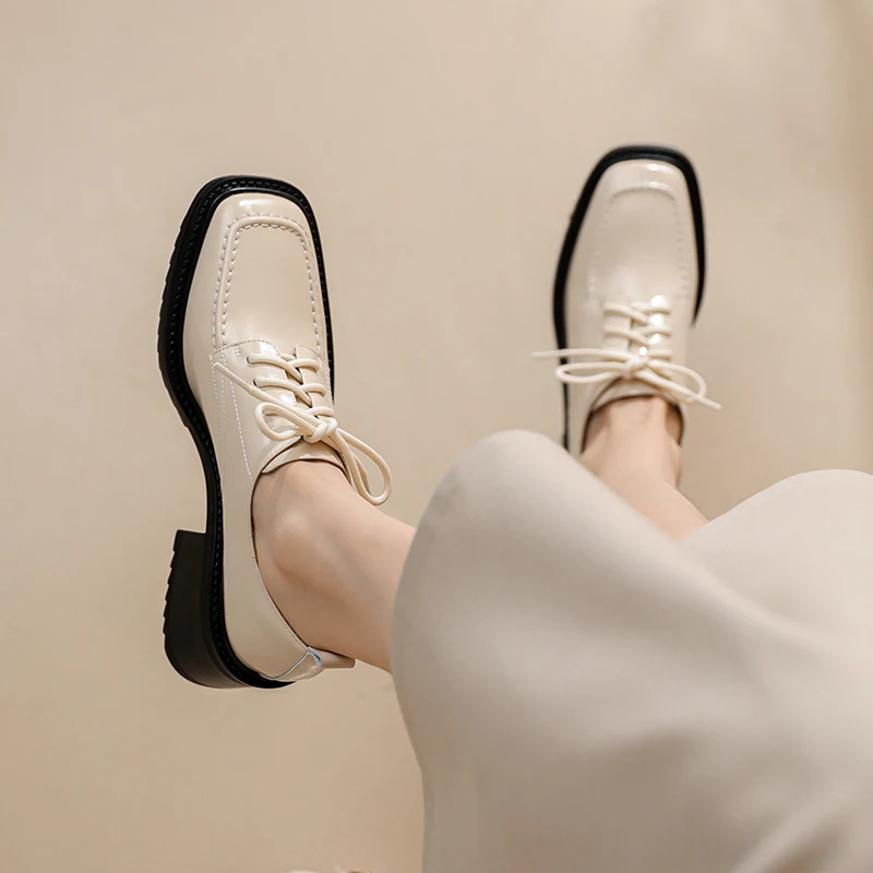 

2022 Spring High Heels Leather Shoes Women Casual Square Toe Pumps Woman Shoes Lace-Up Shoes Zapatos De Mujer Shoes for Women