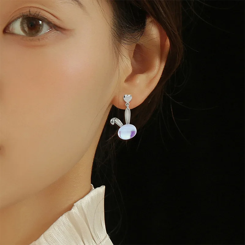 

2023 New Moonlight Stone Rabbit Earrings Cute Girl Student Colorful Zircon Rabbit Ears Love Rabbit Earrings Jewelry Gift