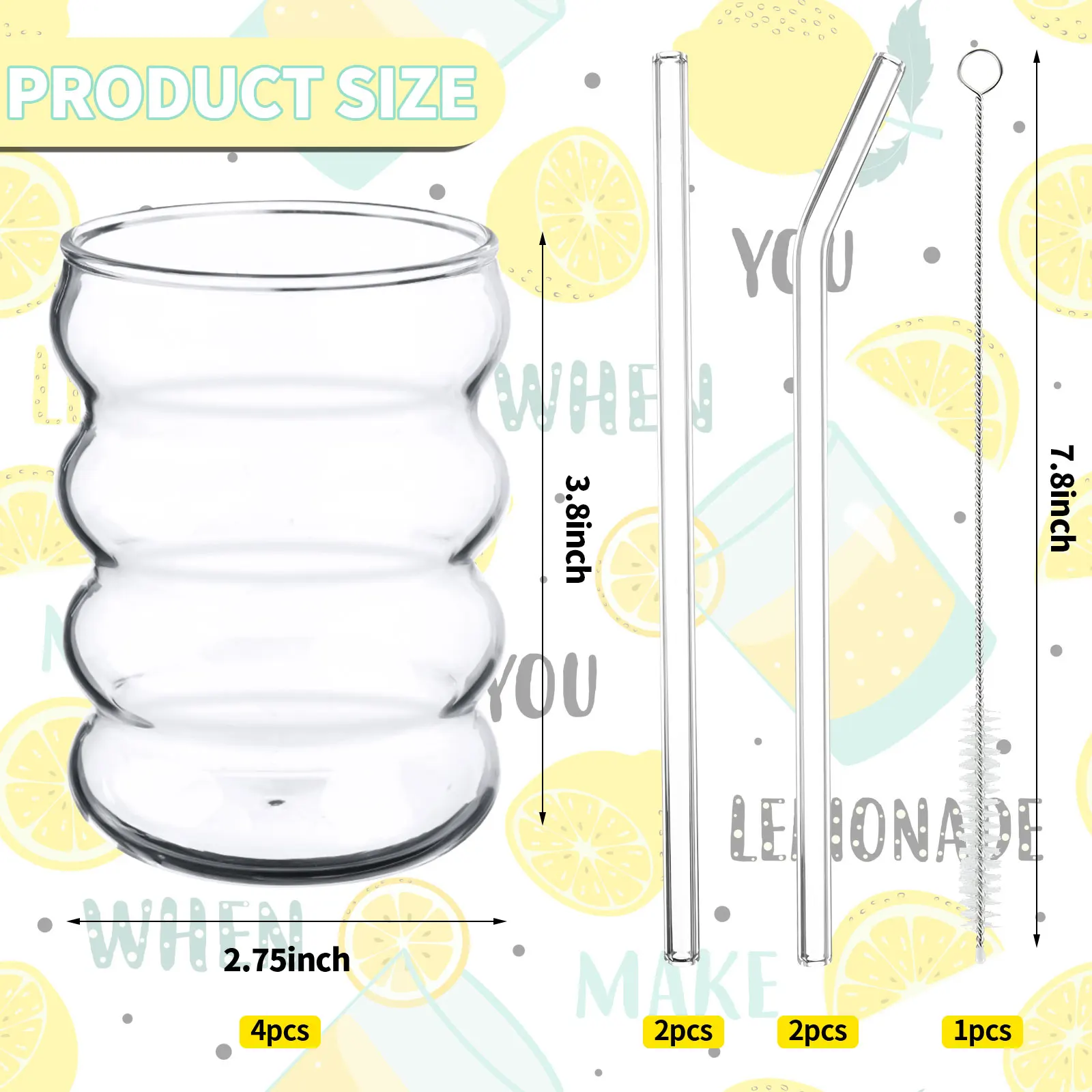 

4 Pack Creative Beer Glasses Cups Ripple Shaped Vintage Clear Drinking Glasses with Straws Set Cute Drinking Glasses Coffee Glas