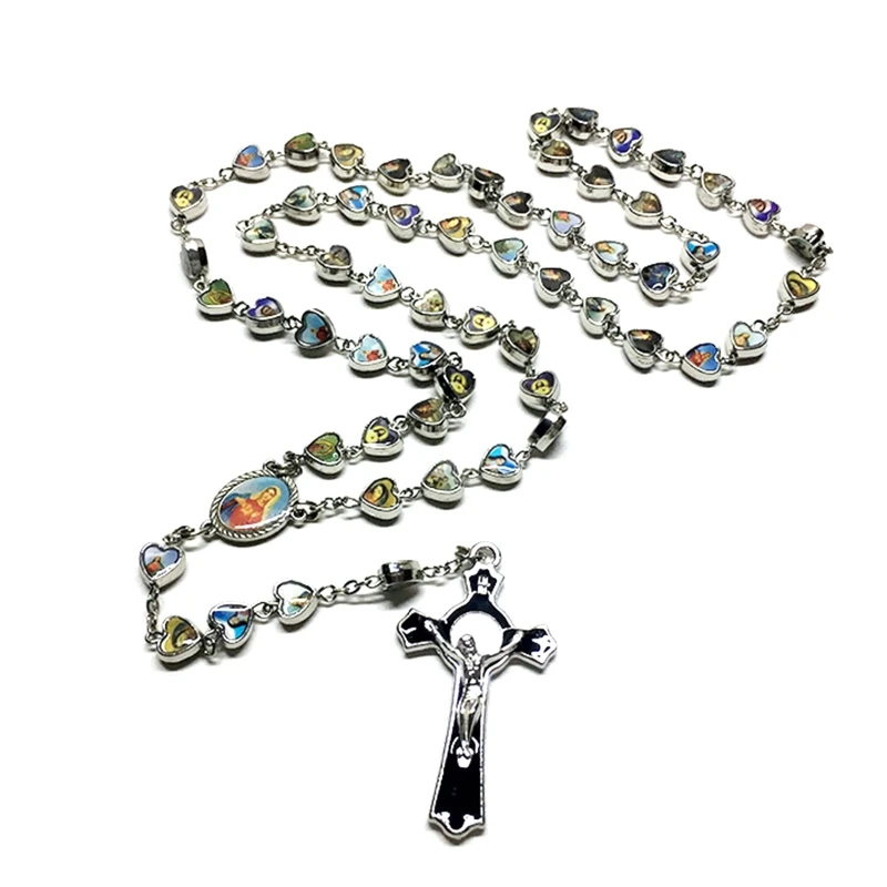 Alloy Rosary Necklace Heart Shaped Jesus Hanging Ornament Charm Pendant for Women Girl Men Boy Religious Jewelry Gift